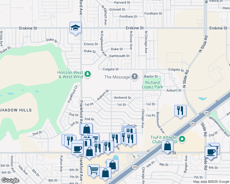 map of restaurants, bars, coffee shops, grocery stores, and more near 5541 Auburn Street in Lubbock