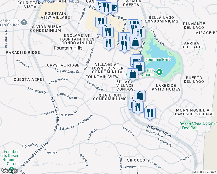 map of restaurants, bars, coffee shops, grocery stores, and more near 16820 East El Lago Boulevard in Fountain Hills
