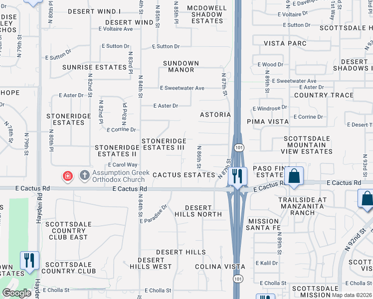 map of restaurants, bars, coffee shops, grocery stores, and more near 8575 East Larkspur Drive in Scottsdale