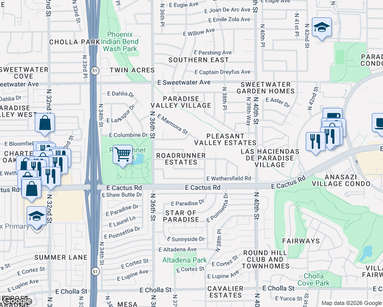 map of restaurants, bars, coffee shops, grocery stores, and more near 3714 East Bloomfield Road in Phoenix