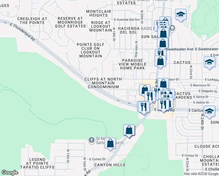 map of restaurants, bars, coffee shops, grocery stores, and more near 1720 East Thunderbird Road in Phoenix