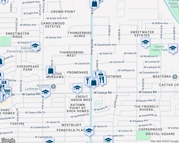 map of restaurants, bars, coffee shops, grocery stores, and more near 6707 West Corrine Drive in Peoria