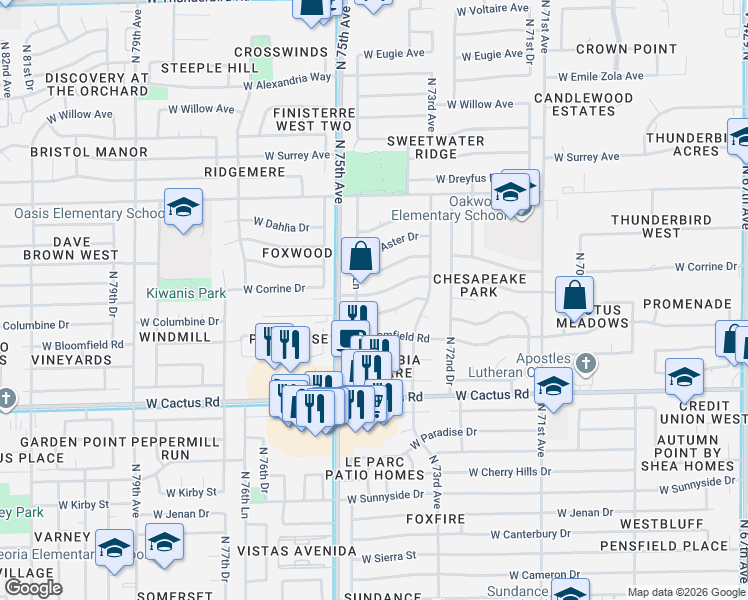 map of restaurants, bars, coffee shops, grocery stores, and more near 7338 West Corrine Drive in Peoria