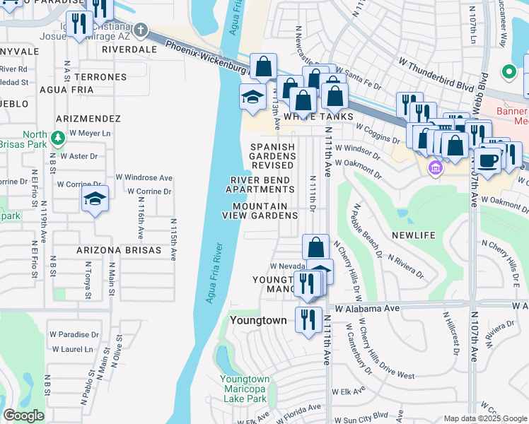 map of restaurants, bars, coffee shops, grocery stores, and more near 12642 North 113th Avenue in Youngtown