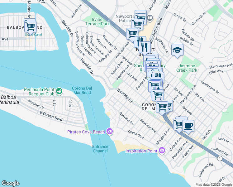 map of restaurants, bars, coffee shops, grocery stores, and more near in Newport Beach