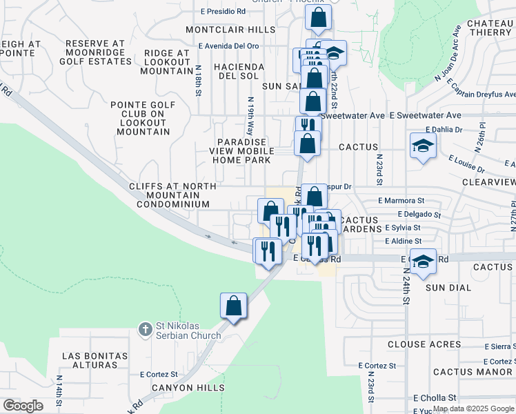 map of restaurants, bars, coffee shops, grocery stores, and more near 12440 North 20th Street in Phoenix