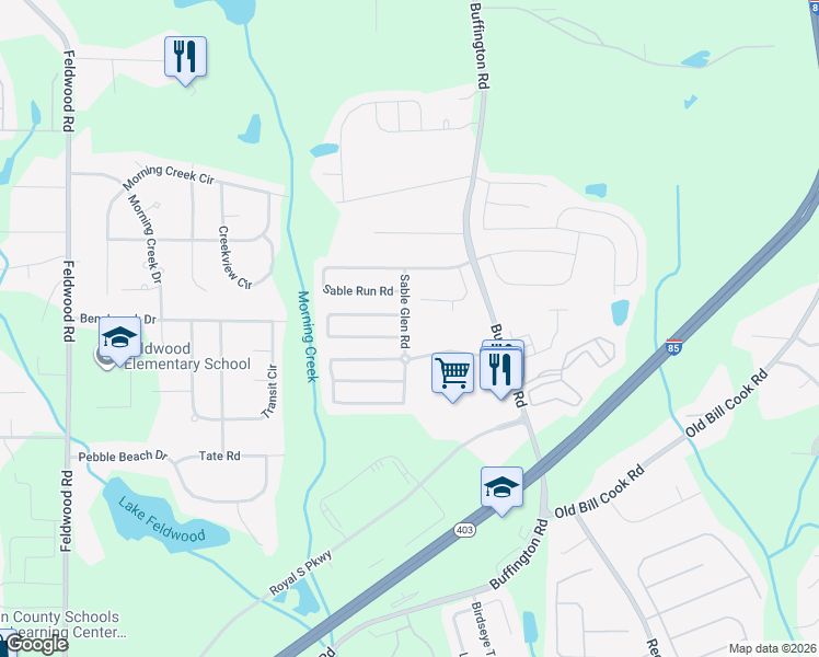 map of restaurants, bars, coffee shops, grocery stores, and more near 5770 Sable Glen Road in Atlanta