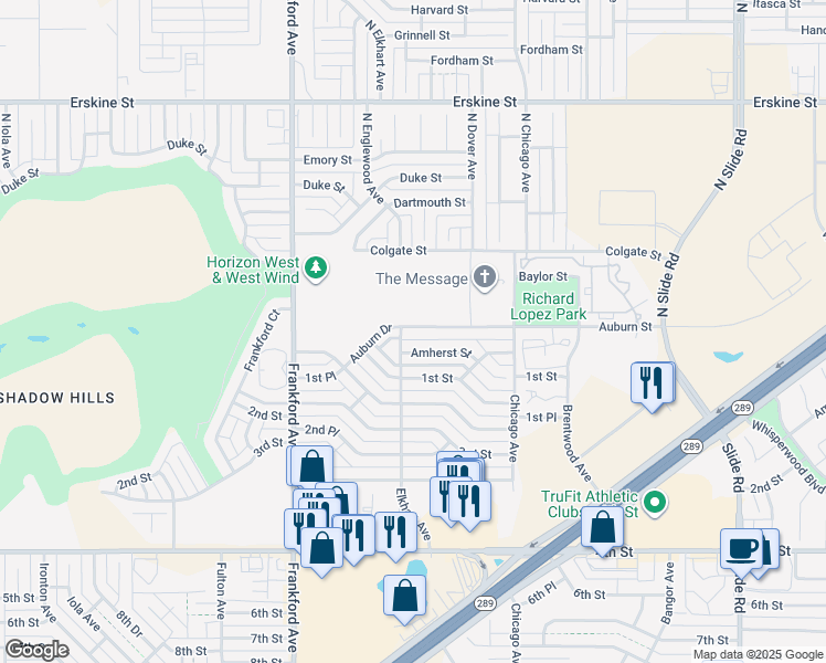 map of restaurants, bars, coffee shops, grocery stores, and more near 5541 Auburn Street in Lubbock