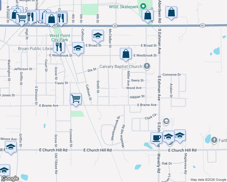 map of restaurants, bars, coffee shops, grocery stores, and more near 128 Wood Avenue in West Point