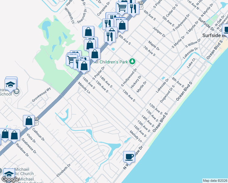 map of restaurants, bars, coffee shops, grocery stores, and more near 613 14th Avenue South in Surfside Beach