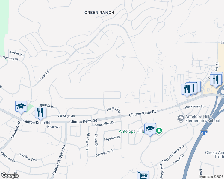 map of restaurants, bars, coffee shops, grocery stores, and more near 23366 Bishop Road in Murrieta