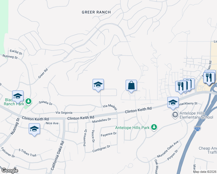 map of restaurants, bars, coffee shops, grocery stores, and more near 23366 Bishop Road in Murrieta