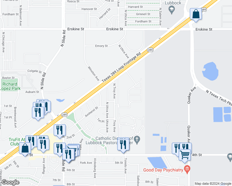 map of restaurants, bars, coffee shops, grocery stores, and more near 132 North Troy Avenue in Lubbock