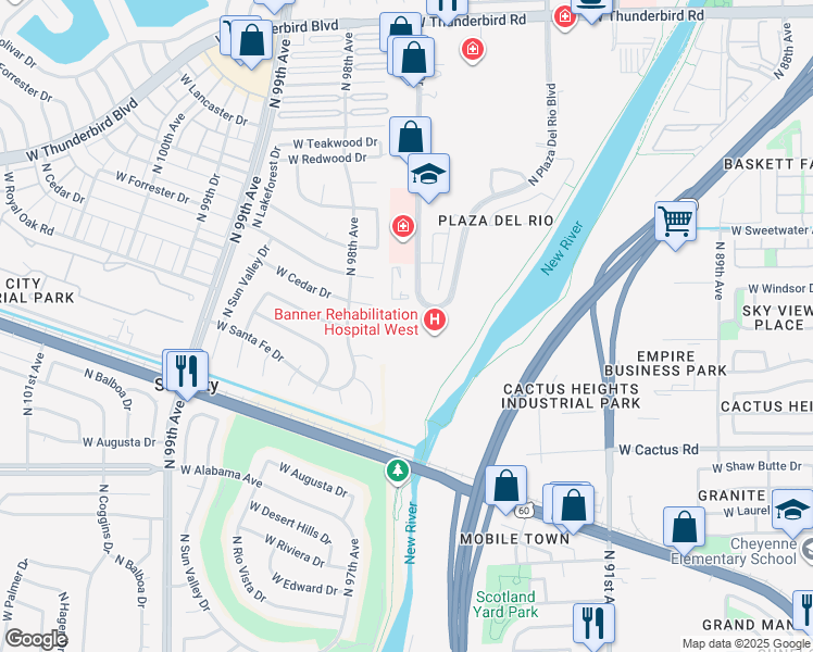 map of restaurants, bars, coffee shops, grocery stores, and more near 12751 North Plaza Del Rio Boulevard in Peoria
