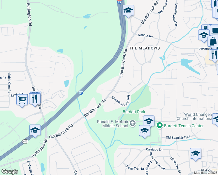 map of restaurants, bars, coffee shops, grocery stores, and more near 5735 Old Bill Cook Road in Atlanta
