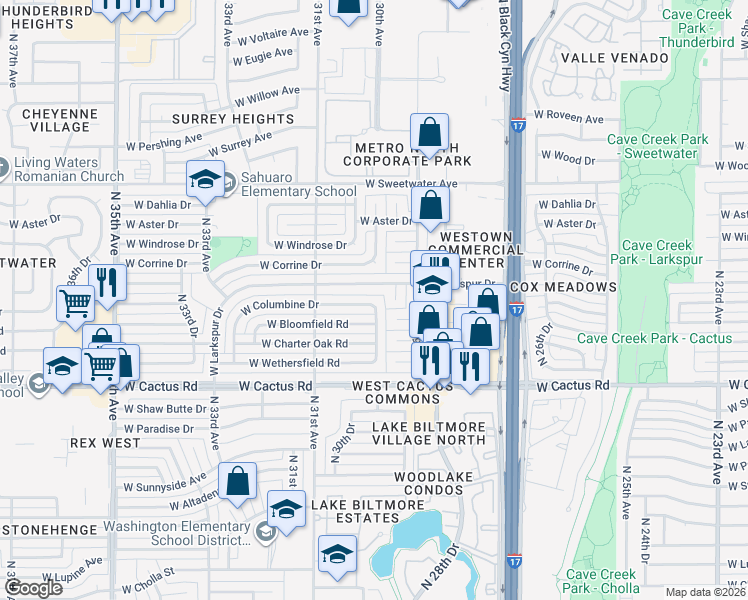 map of restaurants, bars, coffee shops, grocery stores, and more near 3002 West Columbine Drive in Phoenix