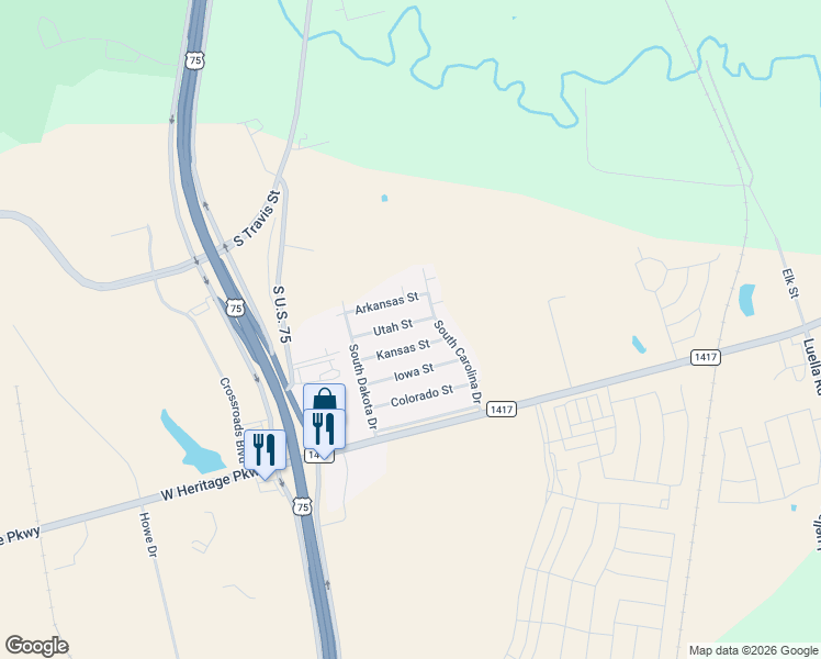 map of restaurants, bars, coffee shops, grocery stores, and more near 310 Arkansas Street in Sherman