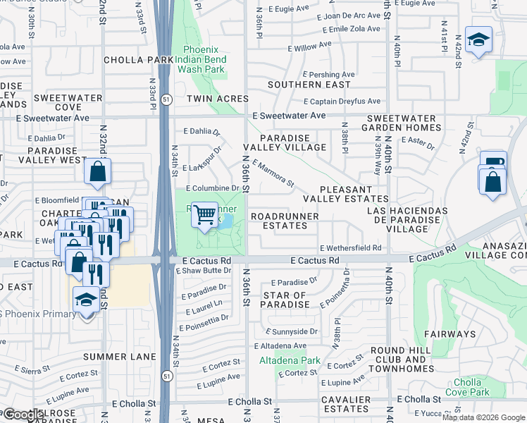 map of restaurants, bars, coffee shops, grocery stores, and more near 3622 East Bloomfield Road in Phoenix
