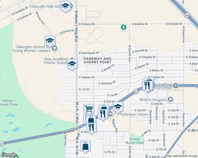 map of restaurants, bars, coffee shops, grocery stores, and more near 1801 East Auburn Street in Lubbock