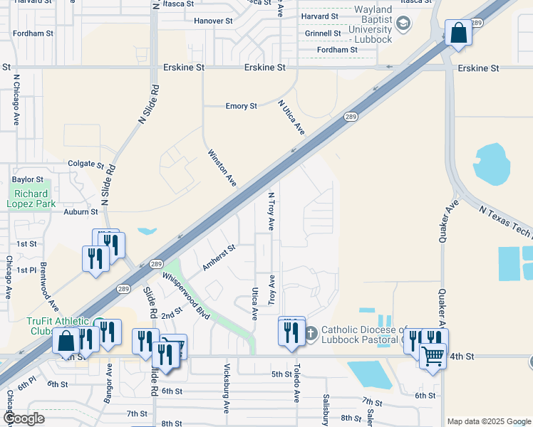 map of restaurants, bars, coffee shops, grocery stores, and more near 144 North Utica Avenue in Lubbock