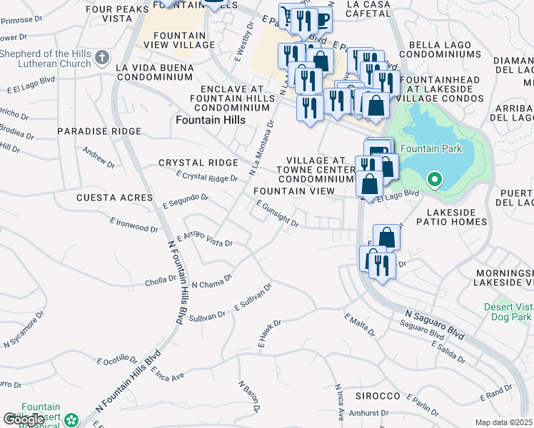 map of restaurants, bars, coffee shops, grocery stores, and more near 16517 East Gunsight Drive in Fountain Hills