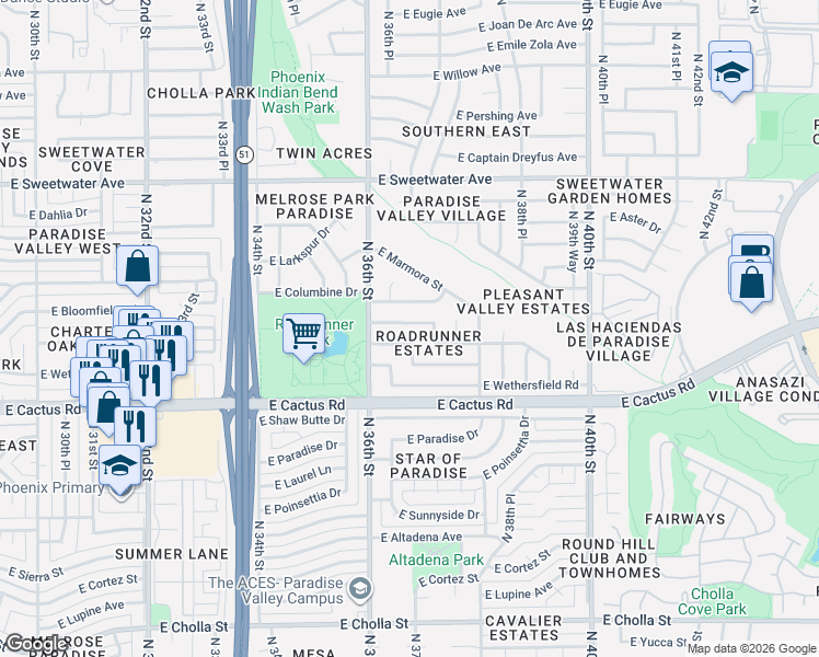 map of restaurants, bars, coffee shops, grocery stores, and more near 3622 East Bloomfield Road in Phoenix