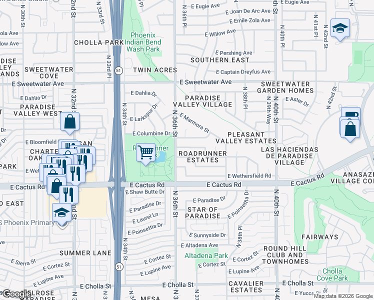 map of restaurants, bars, coffee shops, grocery stores, and more near 3622 East Bloomfield Road in Phoenix