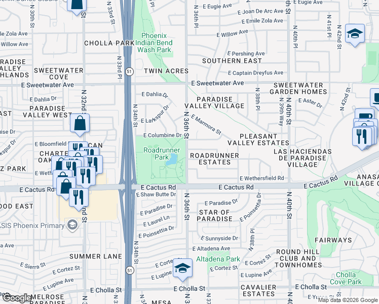 map of restaurants, bars, coffee shops, grocery stores, and more near 3602 East Bloomfield Road in Phoenix