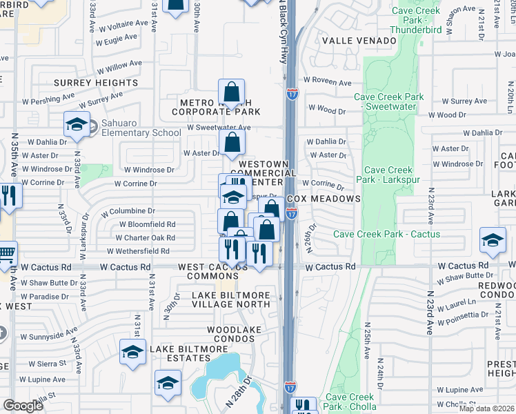 map of restaurants, bars, coffee shops, grocery stores, and more near 2709 West Larkspur Drive in Phoenix