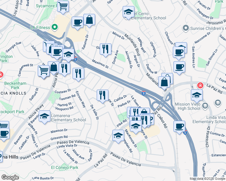 map of restaurants, bars, coffee shops, grocery stores, and more near 24971 Express Drive in Laguna Hills