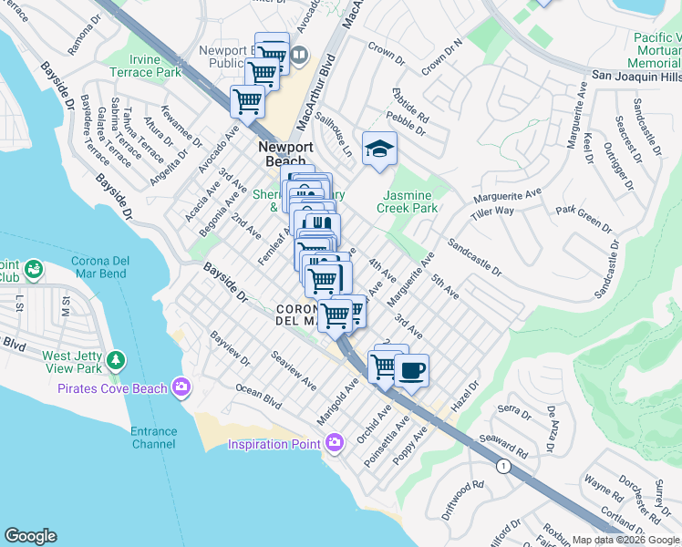 map of restaurants, bars, coffee shops, grocery stores, and more near 520 Iris Avenue in Newport Beach