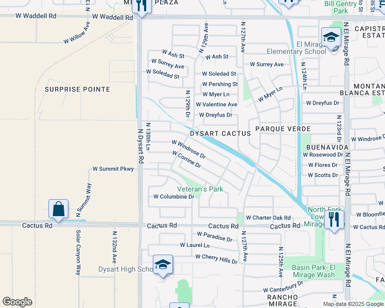 map of restaurants, bars, coffee shops, grocery stores, and more near 12874 West Windrose Drive in El Mirage
