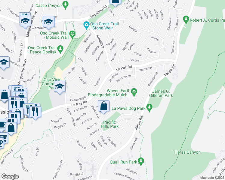 map of restaurants, bars, coffee shops, grocery stores, and more near 25145 Darlington in Mission Viejo