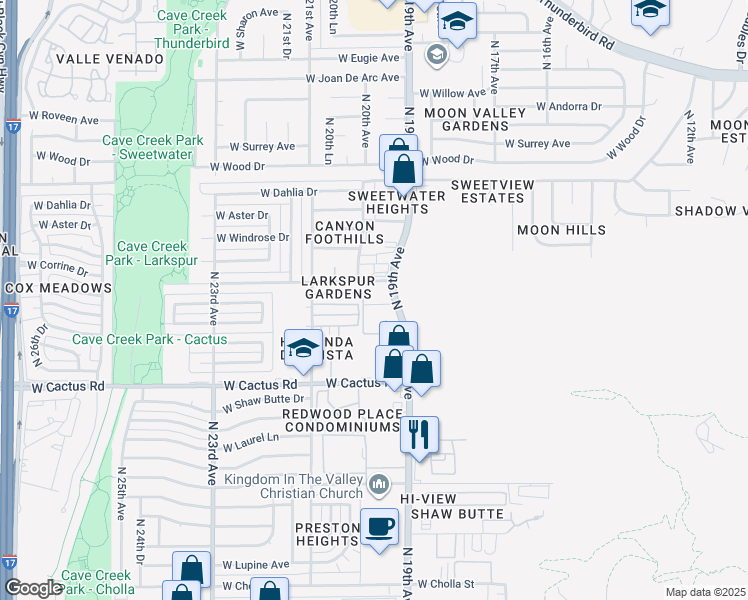 map of restaurants, bars, coffee shops, grocery stores, and more near 1946 West Larkspur Drive in Phoenix