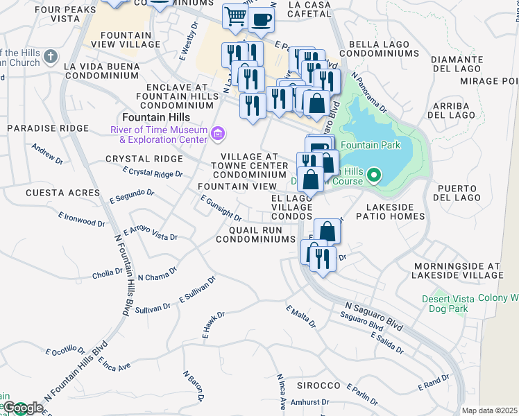 map of restaurants, bars, coffee shops, grocery stores, and more near 16724 East Gunsight Drive in Fountain Hills