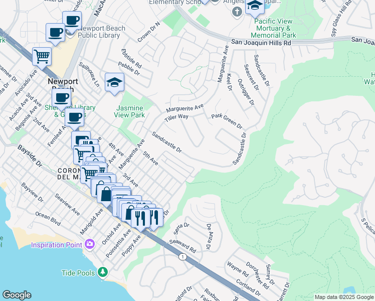 map of restaurants, bars, coffee shops, grocery stores, and more near 919 Sandcastle Drive in Newport Beach