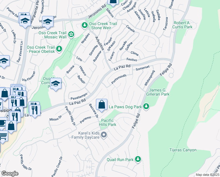 map of restaurants, bars, coffee shops, grocery stores, and more near 25145 Darlington in Mission Viejo