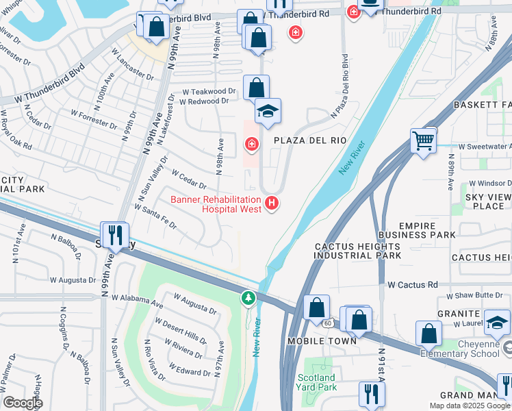 map of restaurants, bars, coffee shops, grocery stores, and more near 12751 North Plaza Del Rio Boulevard in Peoria
