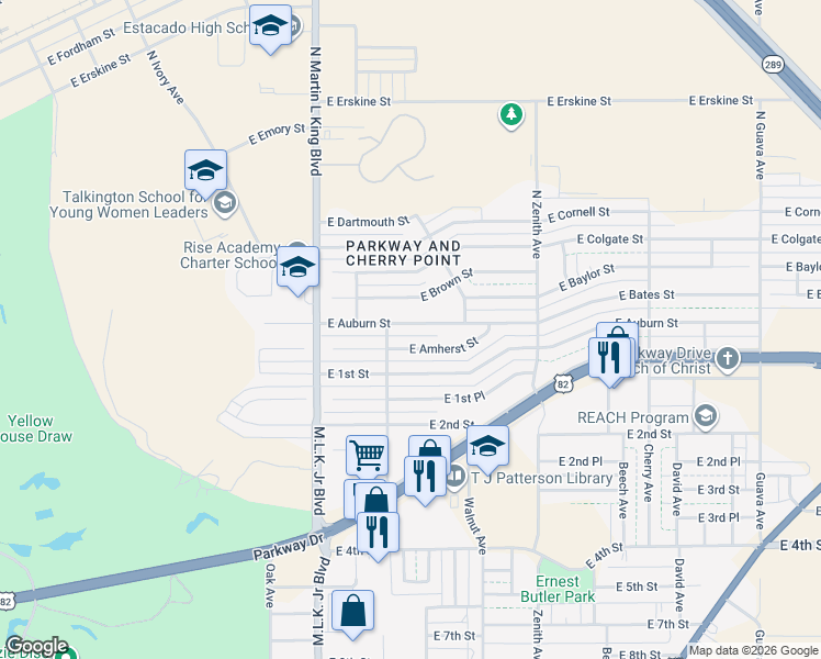map of restaurants, bars, coffee shops, grocery stores, and more near 1801 East Auburn Street in Lubbock
