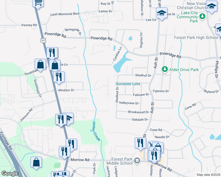 map of restaurants, bars, coffee shops, grocery stores, and more near 5674 Sandhurst Drive in Forest Park