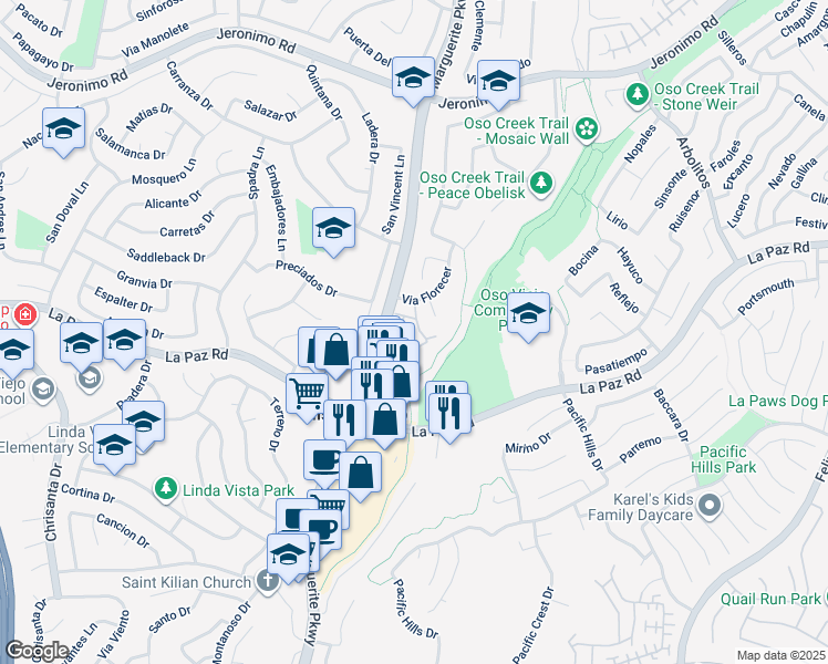 map of restaurants, bars, coffee shops, grocery stores, and more near 24950 Via Florecer in Mission Viejo