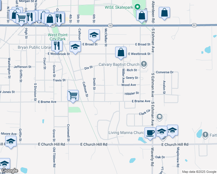 map of restaurants, bars, coffee shops, grocery stores, and more near 128 Wood Avenue in West Point