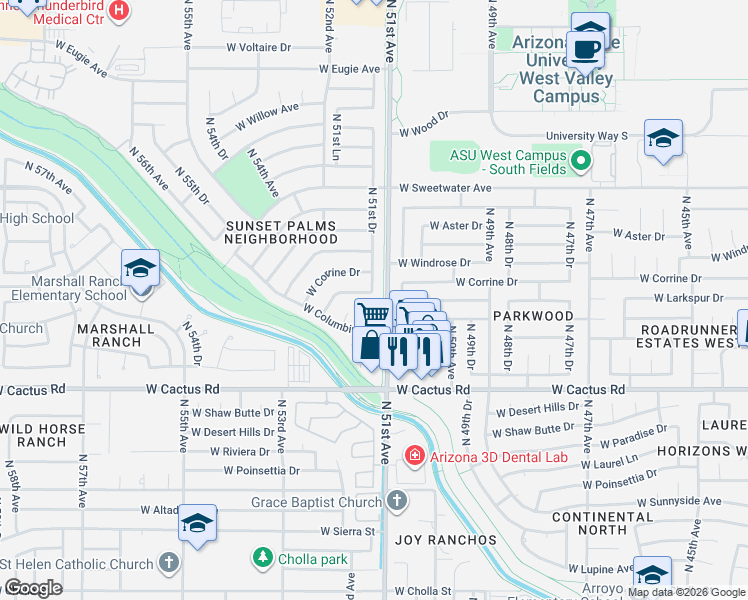 map of restaurants, bars, coffee shops, grocery stores, and more near 12454 North 50th Lane in Glendale