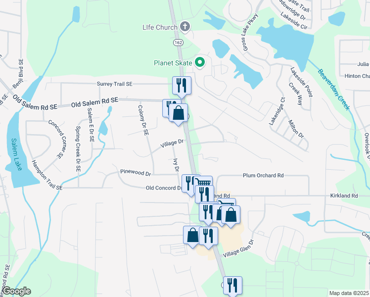 map of restaurants, bars, coffee shops, grocery stores, and more near 3377 Salem Road in Covington