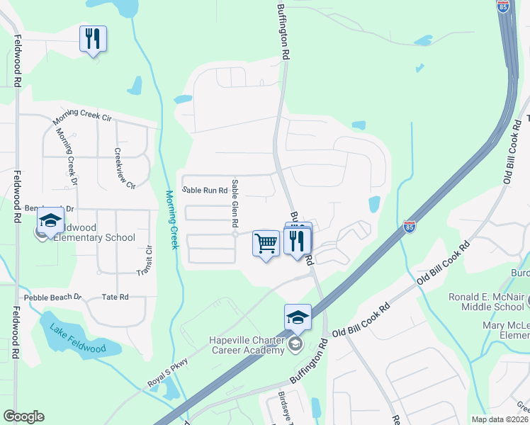 map of restaurants, bars, coffee shops, grocery stores, and more near 610 Sable View Lane in Atlanta