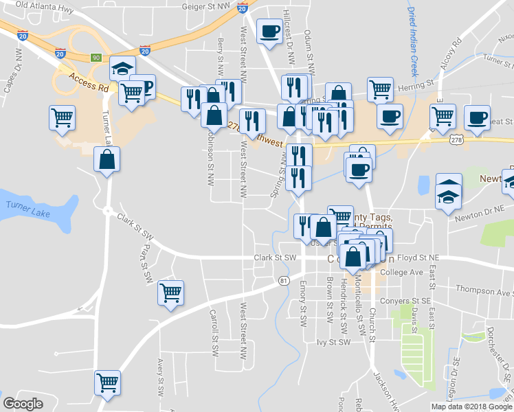 map of restaurants, bars, coffee shops, grocery stores, and more near 3168 Corley Street Northwest in Covington