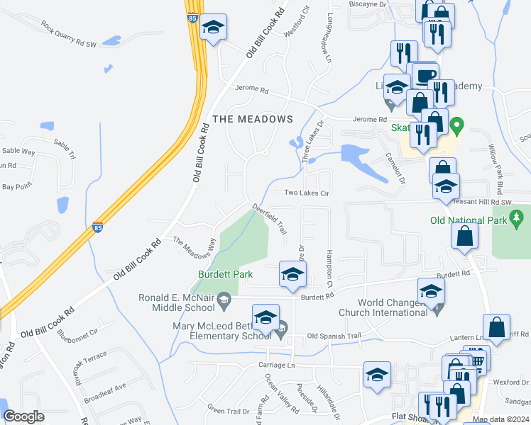map of restaurants, bars, coffee shops, grocery stores, and more near 5470 East Hampton Court in Atlanta