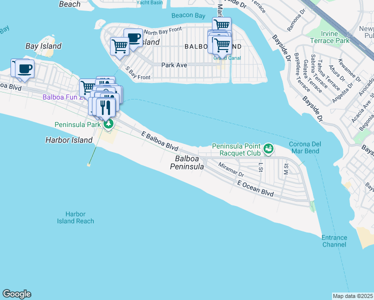 map of restaurants, bars, coffee shops, grocery stores, and more near 1306 East Balboa Boulevard in Newport Beach