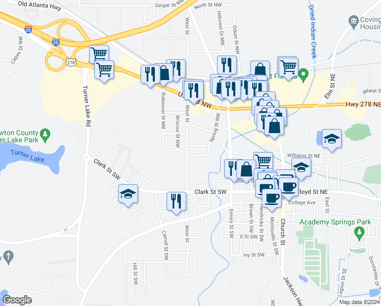 map of restaurants, bars, coffee shops, grocery stores, and more near 3172 Corley Street Northwest in Covington