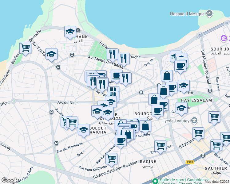 map of restaurants, bars, coffee shops, grocery stores, and more near Rue Abou Al Wakt Khalaf in Casablanca